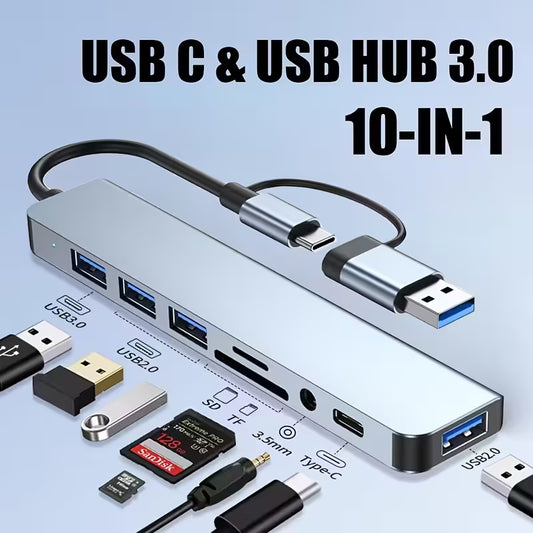 8-in-2 USB Hub Docking Station: Type-C, USB 3.0/2.0, SD/TF Card Reader