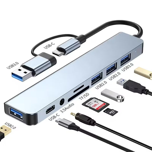 8-in-2 USB Hub Docking Station: Type-C, USB 3.0/2.0, SD/TF Card Reader