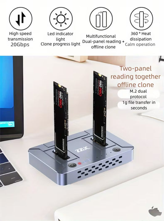 M.2 NVMe SATA SSD Cloner Dock, USB 3.2 Gen 2 X 2, 20Gbps Dual NVMe SATA SSD Enclosure, M.2 Duplicator Cloner, Support Offline Clone, UASP and Trim, Aluminum Design
